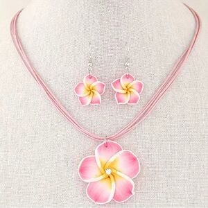 New! Beautiful Light Pink Pendant Flower Zircon Necklace Matching Drop Earrings